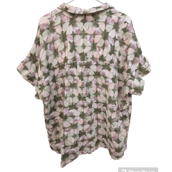 Sonoma Oversized Button Down Short Sleeve Top Cream Green Sz X-Large - Picture 4 of 7